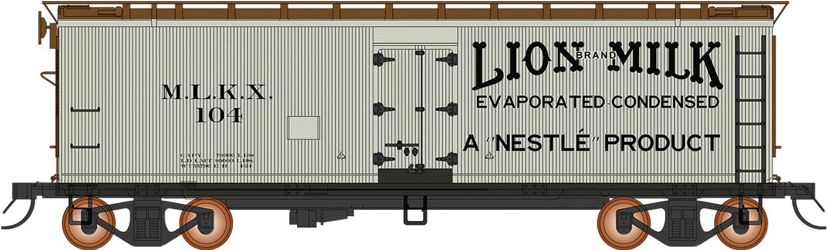 Fruit Growers Express Wood Refrigerator Car - Ready to Run -- Lion Milk Nestle (gray, Boxcar Red, black)