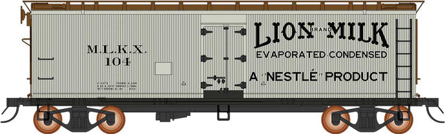 Fruit Growers Express Wood Refrigerator Car - Ready to Run -- Lion Milk Nestle (gray, Boxcar Red, black)