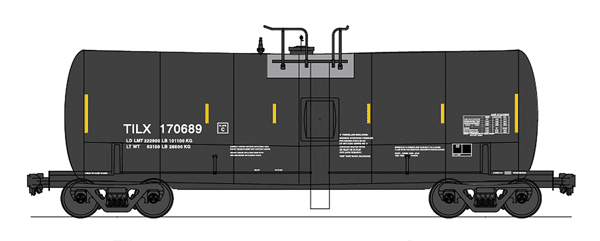 Trinity 19,600-Gallon Tank Car - Ready to Run -- Trinity Industries TILX (black, gray, white, yellow Conspicuity Markings)