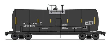 Trinity 19,600-Gallon Tank Car - Ready to Run -- Trinity Industries TILX (black, gray, white, yellow Conspicuity Markings)