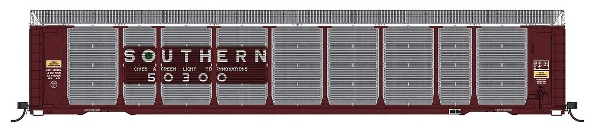 Tri-Level Enclosed Auto Rack - Ready to Run -- Southern Railway #50393 (Boxcar Red, silver, green, Green Light Slogan)