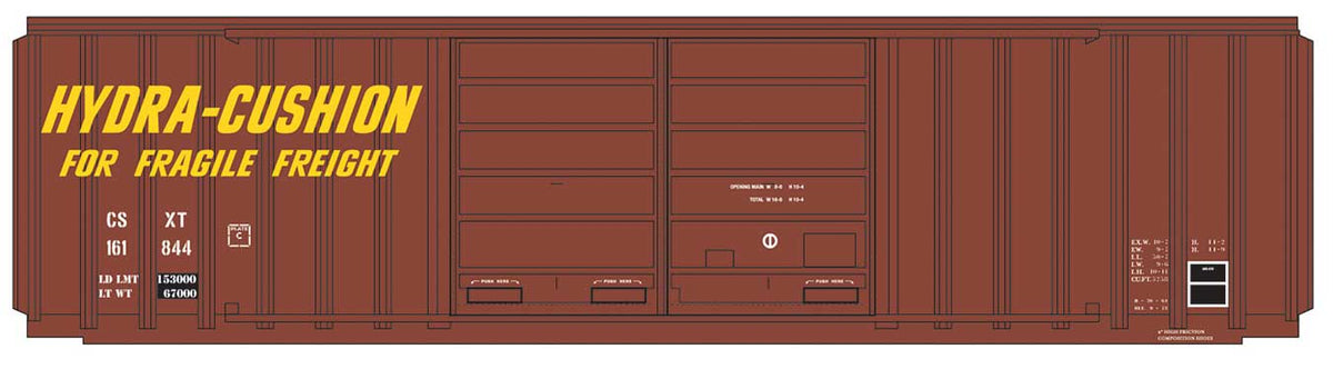 FMC 5283 Cubic Foot Double-Door Boxcar - Ready to Run -- CSX (Patched, Ex-SP, Boxcar Red, yellow Hydra Cushion Markings)