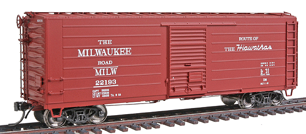 40' Rib-Side Boxcar - Ready to Run -- Milwaukee Road (Boxcar Red, Hiawatha Slogan, Youngstown Doors)-1