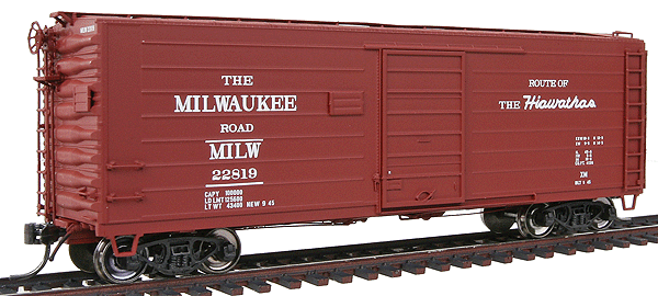 40' Rib-Side Boxcar - Ready to Run -- Milwaukee Road (Boxcar Red, Hiawatha Slogan, Original Doors)-1