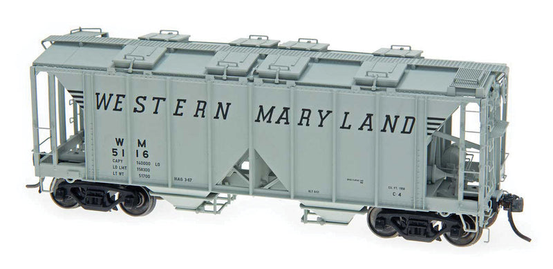 1958 Cubic Foot 2-Bay Covered Hopper w/Open Sides - Ready to Run -- Western Maryland (gray, black, Speed Lettering)