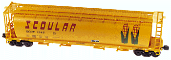 Cylindrical Covered Hopper w/Trough Hatches -- Scoular (yellow w/green & brown ears of corn)