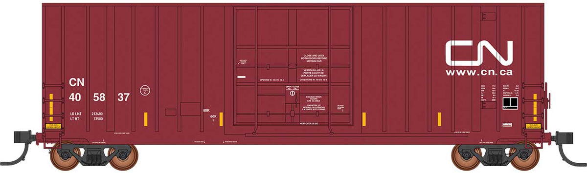 Gunderson 50' Hi-Cube Plug-Door Boxcar Modern Ends - Ready to Run - Value Line -- Canadian National #405874 (Boxcar Red, white, yellow, Website Logo)