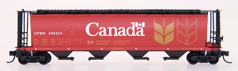 59' 4-Bay Cylindrical Covered Hopper - Trough Hatch Version - Ready to Run -- Government of Canada CPWX (red, yellow, black, white)