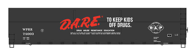 FMC Welded-Side Wood Chip Gondola - Ready to Run - Value Line -- Willamette & Pacific #74003 (D.A.R.E. Scheme, black, red, white)