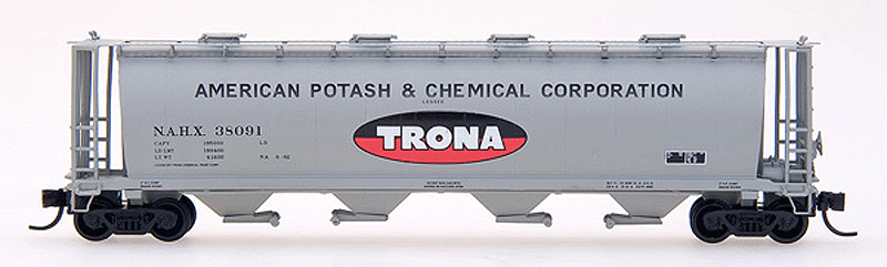 59' 4-Bay Cylindrical Covered Hopper w/Round Hatches - Ready to Run -- American Potash & Chemical Co. NAHX (Gray, black, red, "Trona" Logo)