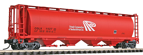 59' 4-Bay Cylindrical Covered Hopper w/Round Hatches - Ready to Run -- Potash "P" Logo w/Writing (CGLX) (Rose w/black & white Lettering)