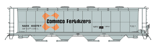59' 4-Bay Cylindrical Covered Hopper w/Round Hatches - Ready to Run -- Cominco Fertilizers NAHX (gray, orange, black)