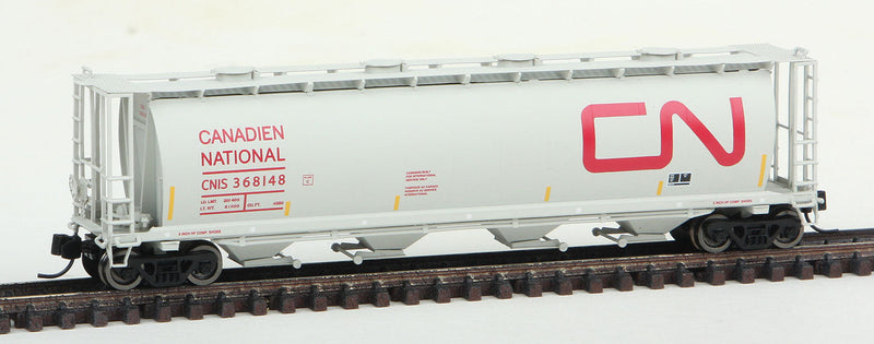 59' 4-Bay Cylindrical Covered Hopper w/Round Hatches - Ready to Run -- Canadian National (light gray, Large Red Noodle Logo)