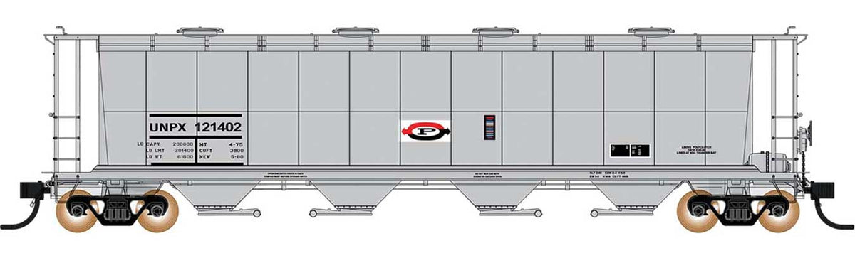 59' 4-Bay Cylindrical Covered Hopper w/Round Hatches - Ready to Run -- Procor Ltd. UNPX (gray, white, red, black)