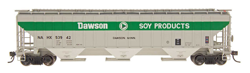 4750 Cubic Foot 3-Bay 18 Rib Covered Hopper - Ready to Run -- Dawson Soy Products NAHX (gray, green, white, black)