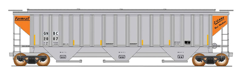 PS2CD 4750 Cubic Foot 3-Bay Covered Hopper - Ready to Run -- Farmrail GNBC (I Care Scheme, gray, orange)