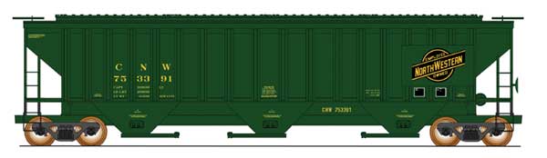 PS2CD 4750 Cubic Foot 3-Bay Covered Hopper - Ready to Run -- Chicago & North Western (green, black, Employee Owned Logo on Plate)