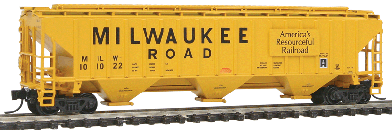 PS2CD 4750 Cubic Foot 3-Bay Covered Hopper - Ready to Run -- Milwaukee Road (yellow, "America's Resourceful Railroad" Slogan)