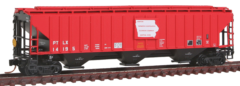 PS2CD 4750 Cubic Foot 3-Bay Covered Hopper - Ready to Run -- Ashton Farmers Co-Operative Elevator Co. - Ashton, Iowa (Red, black, white)