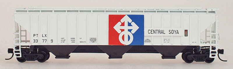 PS2CD 4750 Cubic Foot 3-Bay Covered Hopper - Ready to Run -- Central Soya PTLX (gray, blue, red, Large Logo)