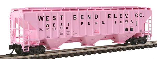 PS2CD 4750 Cubic Foot 3-Bay Covered Hopper - Ready to Run -- West Bend Elevator Co. West Bend, Iowa NAHX (pink w/black Lettering)-1