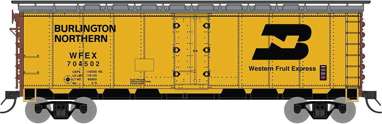 R-40-23 Steel Ice Reefer - Ready to Run -- Burlington Northern (1972, yellow, silver, black, WFEX BN Logo)