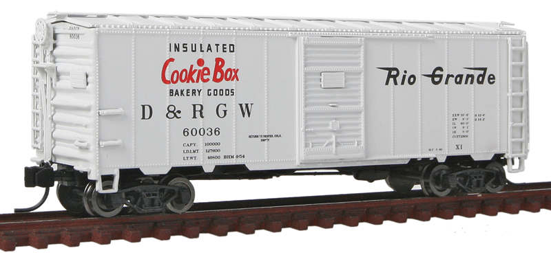 40' 12-Panel Boxcar - Ready to Run -- Denver & Rio Grande Western (Cookie Box Scheme, white, black, red)