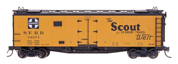 Santa Fe 40' Steel Ice Reefer - Ready to Run -- Santa Fe "The Scout" RR-27 Curved Line Map (ATSF Yellow, white lettering)-2