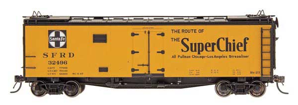 Santa Fe 40' Steel Ice Reefer - Ready to Run -- Santa Fe (orange, black, Super Chief, Ship & Travel on Reverse Side)