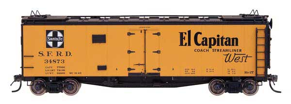 Santa Fe 40' Steel Ice Reefer - Ready to Run -- Santa Fe "El Capitan" w/Curved Line Map RR-27 (ATSF Yellow, black letterin