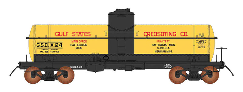 ACF Type 27 Riveted 8000-Gallon Tank Car - Ready to Run -- Gulf States Creosoting GSCX (yellow, black, red)