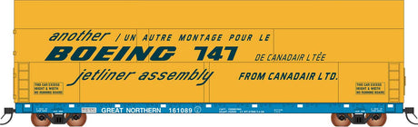 Sky Box Aerospace Flatcar with Cover - Ready to Run -- Great Northern (blue, white, Boeing Cover, yellow)