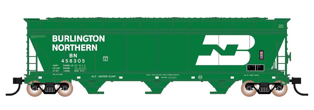 ACF 4650 Cubic Foot 3-Bay Covered Hopper - Ready to Run -- Burlington Northern (1971, Cascade Green, white, Large Logo & Lettering)