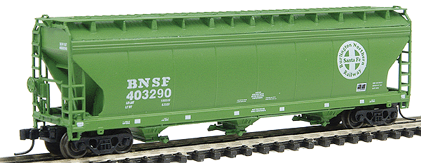ACF 4650 Cubic Foot 3-Bay Covered Hopper - Ready to Run -- Burlington Northern Santa Fe (Green BNSF scheme w/white lettering, round log