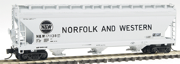ACF 4650 Cubic Foot 3-Bay Covered Hopper - Ready to Run -- Norfolk & Western (gray, Hamburger Logo)