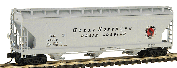 ACF 4650 Cubic Foot 3-Bay Covered Hopper - Ready to Run -- Great Northern (1966, gray, black, Slanted Lettering, red Rocky Logo)-1