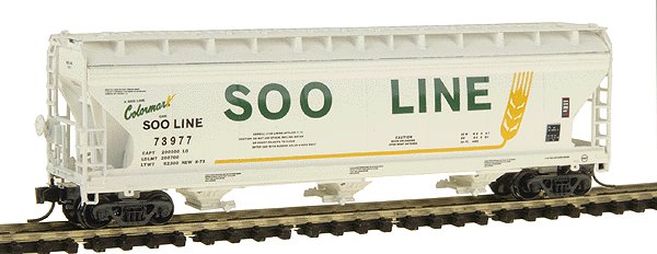 ACF 4650 Cubic Foot 3-Bay Covered Hopper - Ready to Run -- Soo Line (white, green, yellow, Colormark Markings)