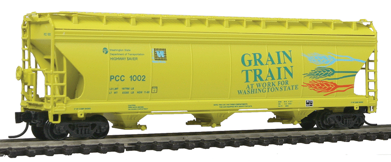 ACF 4650 Cubic Foot 3-Bay Covered Hopper - Ready to Run -- Palouse & Coulee City/State of Washington (Grain Train Scheme, yellow)