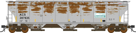 Trinity 5161 3-Bay Covered Hopper - Ready to Run -- Kansas City Southern (Weathered, Ex-Farmland Patched, gray, yellow conspicui