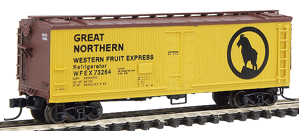 Fruit Growers Express Wood Refrigerator Car - Ready to Run -- Western Fruit Express/Great Northern FGEX (yellow, Boxcar Red, Large Rocky L