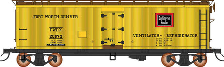 Fruit Growers Express Wood Refrigerator Car - Ready to Run -- Fort Worth & Denver (yellow, Boxcar Red, CB&Q Logo)