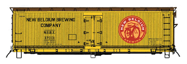 Fruit Growers Express Wood Refrigerator Car - Ready to Run -- New Belgium Brewing Co. (Micro Brewery Fantasy Scheme, yellow, Boxcar Red, L