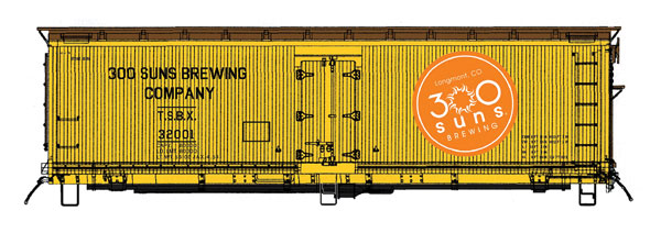 Fruit Growers Express Wood Refrigerator Car - Ready to Run -- 300 Suns Brewing Co. (Micro Brewery Fantasy Scheme, yellow, Boxcar Red, Logo