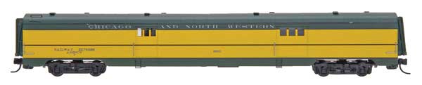 Centralia Car Shops Streamlined Smooth-Side Baggage Car - Ready to Run -- Chicago & North Western (yellow, green)