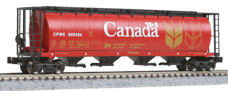 59' 4-Bay Cylindrical Covered Hopper - Trough Hatch Version - Ready to Run -- Government of Canada CPWX (red, yellow, black, white)