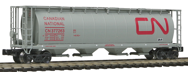 59' 4-Bay Cylindrical Covered Hopper w/Round Hatches - Ready to Run -- Canadian National (Gray, red, Large Noodle Logo)