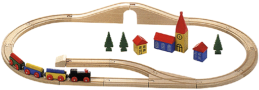 Wood Trainset w/Bridge & Accessories -- Engine w/3 Magnetic Cars, 34pcs, 89 x 45cm Oval Track