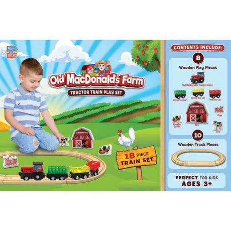 Old MacDonald's Farm Tractor Train Play Set -- 8 Wood Play Pieces, 10 Wooden Track Sections-3