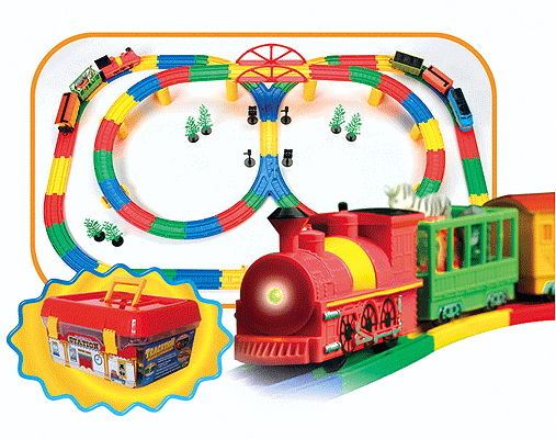 Tracktion Deluxe Station Set w/Carry Case -- 2 Battery Oprtd Trainsets, 83pc Track, Diorama, Bridge, Animals, Trees, Sign