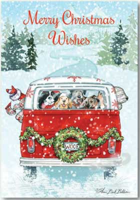 Merry Christmas Wishes Dogs in VW Bus -- 5 x 7", 10 Cards w/Envelopes
